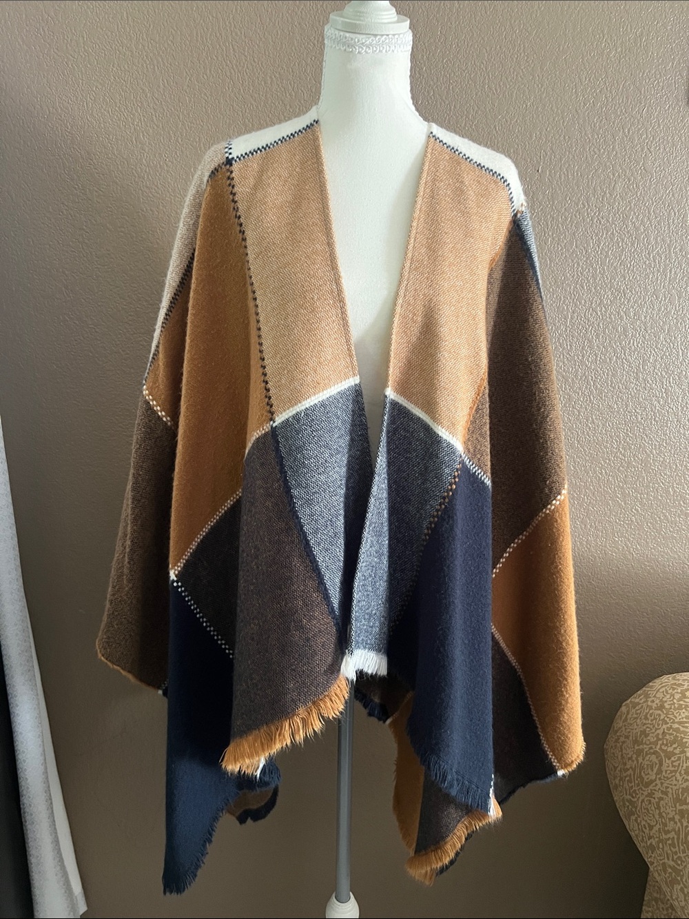 Open-Front Plaid Patchwork Poncho Wrap - Camel Navy Gray
